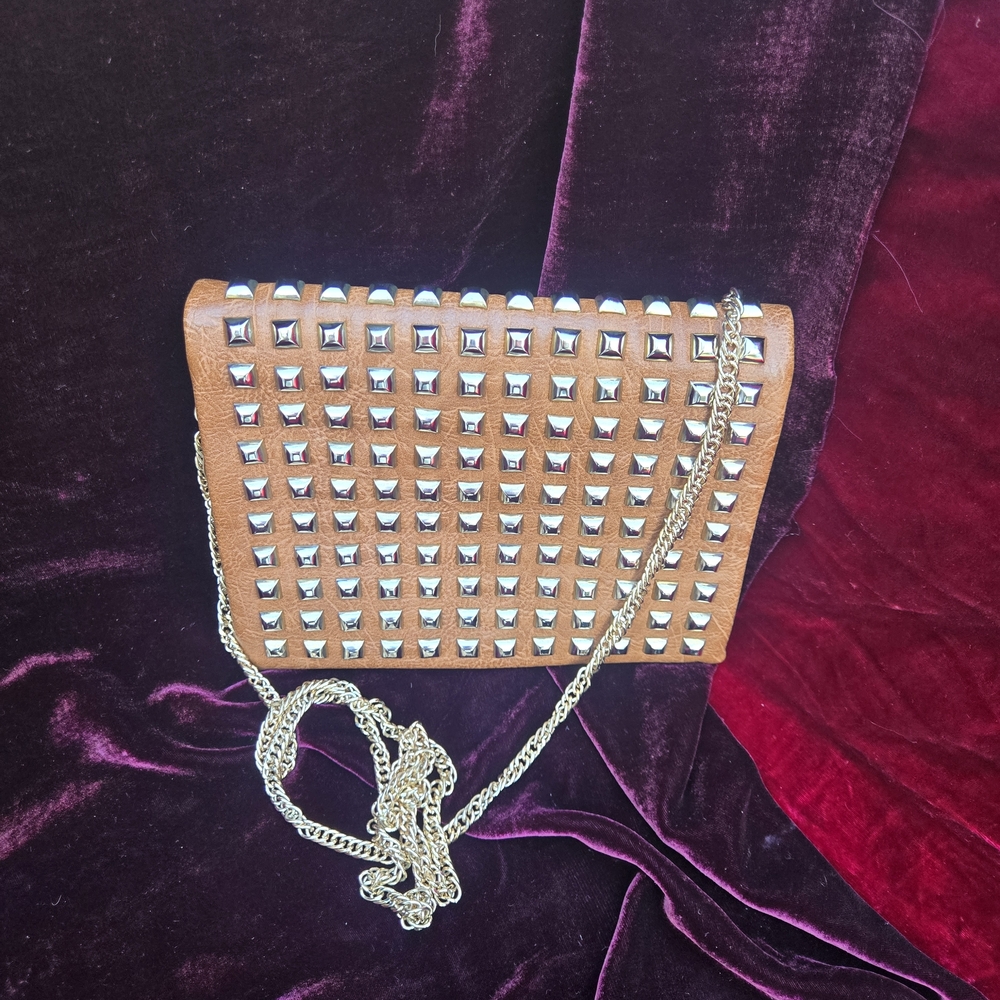 Street Level Tan Studded Crossbody Bag Convertible Clutch Gold Chain